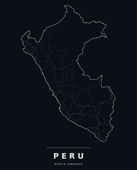 Obraz premium Peru South America country map with internal region boundaries and major highways. Editable white line vector on a black background for dark mode slides and web design.