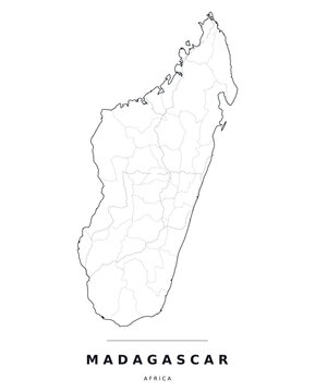 Madagascar Africa country map with internal region boundaries and major highways. Editable black line vector on a white background for poster print and classroom use.