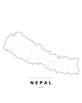 Nepal Asia country map with internal region boundaries and major highways. Editable black line vector on a white background for poster print and classroom use.