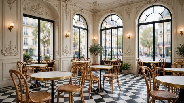 Elegant Parisian cafe interior with arched windows and black and white checkered floor tiles.