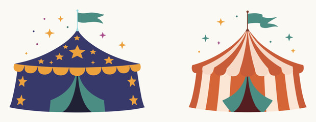 Two circus tent one blue with yellow stars and one orange and white striped, decorated with floating stars on a light background © Chayan