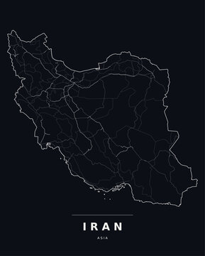 Iran Asia country map with internal region boundaries and major highways. Editable white line vector on a black background for dark mode slides and web design.