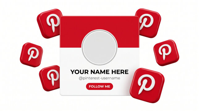 Pinterest social media follow me profile card mockup template with 3D floating logo icons. Minimal user interface UI design with circular avatar placeholder, follow button and brand username tag.