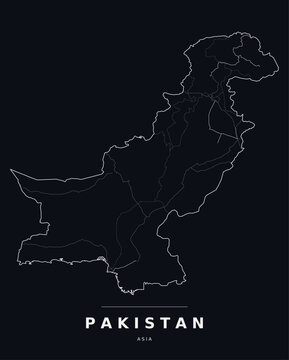 Pakistan Asia country map with internal region boundaries and major highways. Editable white line vector on a black background for dark mode slides and web design.