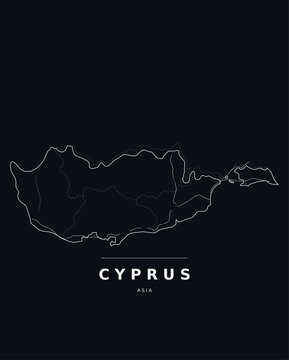 Cyprus Asia country map with internal region boundaries and major highways. Editable white line vector on a black background for dark mode slides and web design.