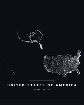 United States of America country map with internal region boundaries and major highways. Editable white line vector on a black background for dark mode slides and web design.
