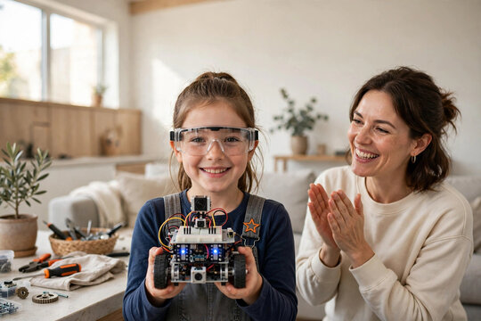 Proud Girl with Safety Goggles Showing Self Built Robot Parent Celebrating Success
