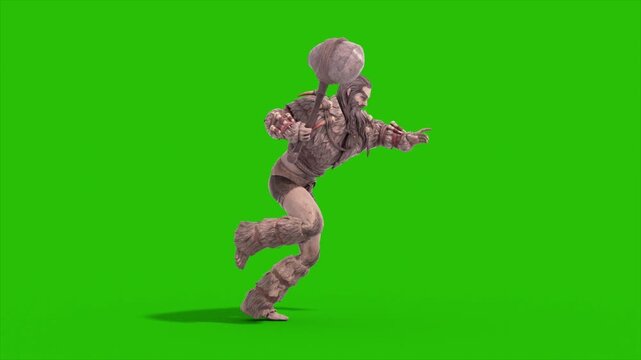 Green Screen Barbarian Warrior Runcycle Loop Side 3D Animation Rendering CGI 4K