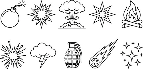 Explosion bomb flash and fire special effects icon set with grenade meteorite line art vector elements © AKTAR
