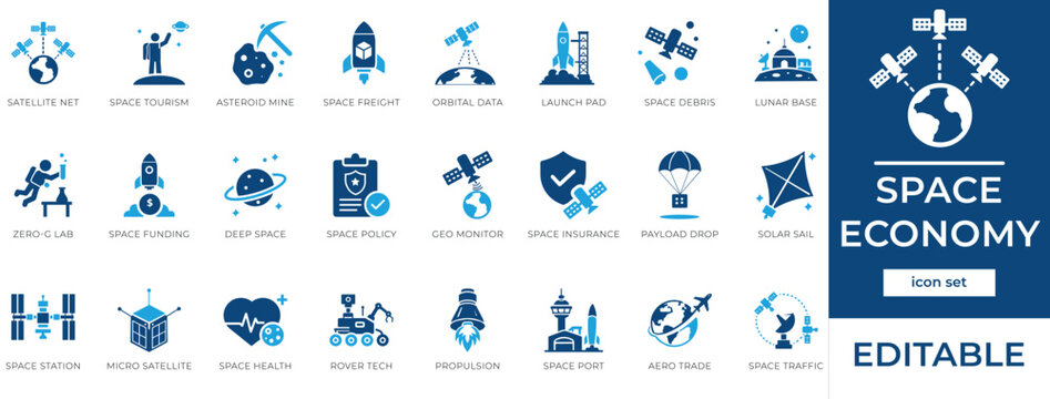 Space Economy Vector Icon Set. Modern Aerospace Industry and Galactic Technology Symbols, Rocket Launch and Satellite Solid Glyph Elements
