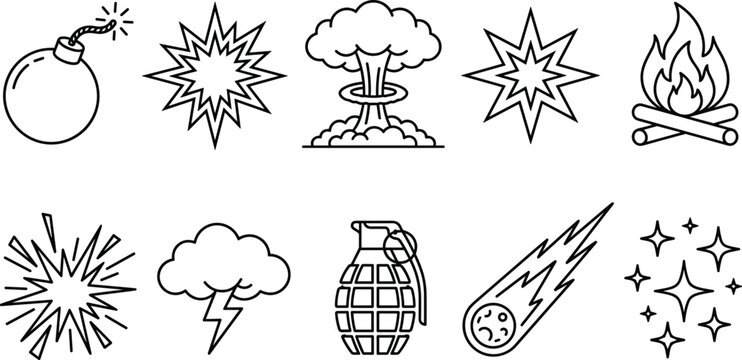 Explosion bomb flash and fire special effects icon set with grenade meteorite line art vector elements