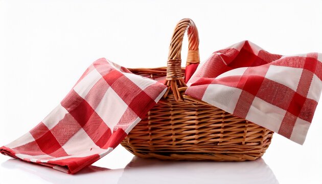 Red Napkin And Picnic Basket Isolated On White