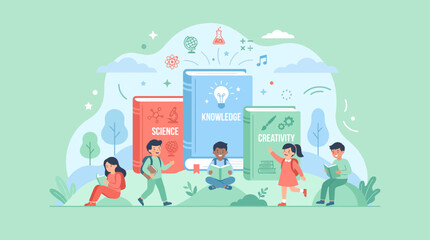 Children exploring science knowledge and creativity through reading in a park flat illustration © Teguh