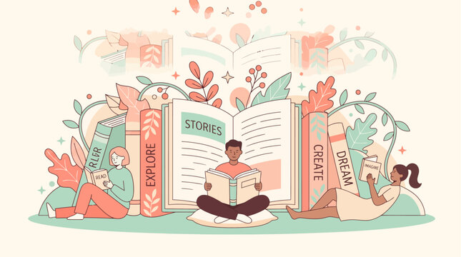Diverse people reading books in a creative library with plants and stories