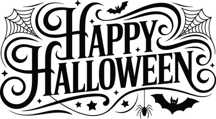 Fototapeta premium Vintage Happy Halloween Vector Typography Banner with Spider Webs, Bats, and Decorative Flourishes