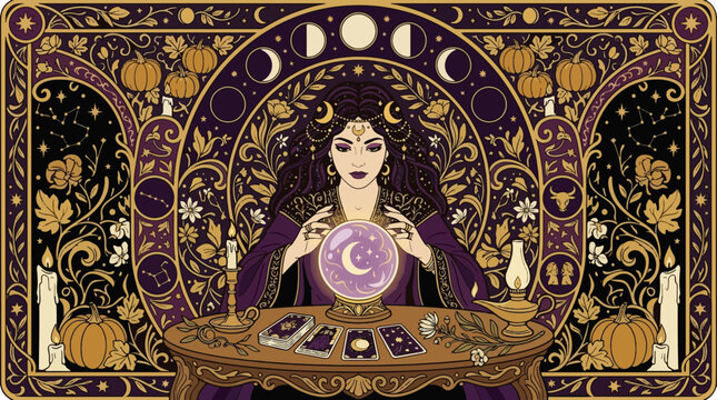 Mystical witch fortune teller with crystal ball and tarot cards in art nouveau style