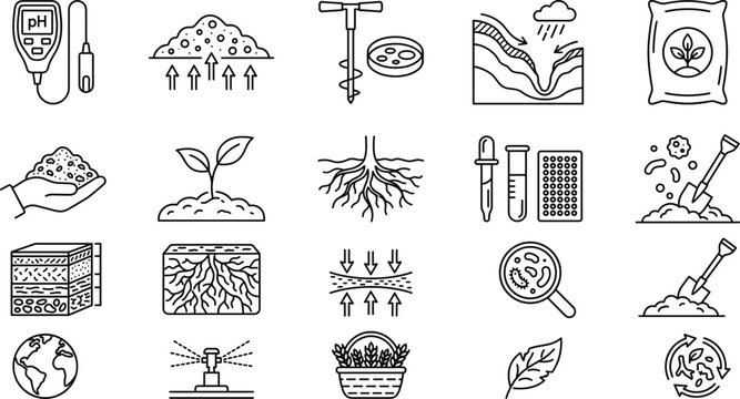 Soil testing and agronomy research farming icon set with tester shovel roots line art vector elements