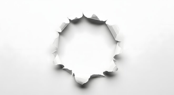 Dramatic paper tear effect a white background with a torn hole ideal for digital compositing and design