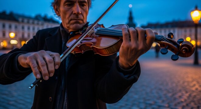 Street musician playing violin at dusk