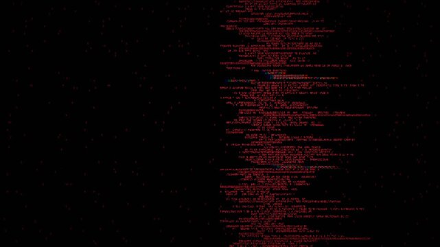 Red cyber attack source code scrolling motion graphic, aggressive hacker screen system failure glitch with chromatic aberration and heavy distortion for tech alert video effects loop 4k