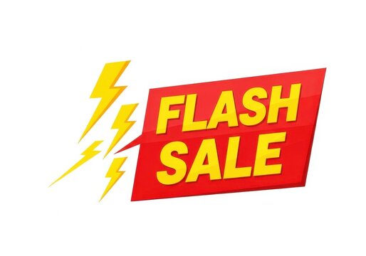 Red flash sale label with yellow lightning isolated on white background