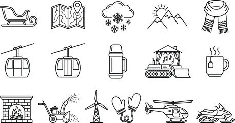 Winter resort tourism and mountain ski vacation icon set with cable car snowmobile line art vector elements © AKTAR
