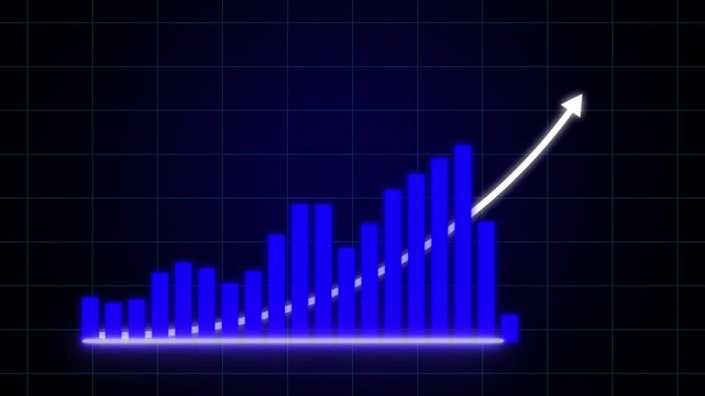 Dynamic blue neon bar chart animation with rising white trend arrow on dark grid background, representing financial growth, market success, data, analysis, business performance, and economic progress