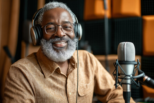 Grandpa records a podcast with a microphone while wearing headphones and smiling in a studio setting