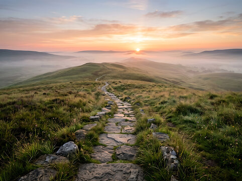 A scenic stone path leading through rolling green hills during a beautiful sunrise with morning mist.