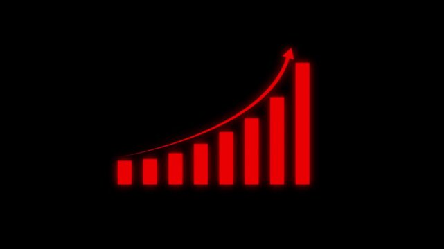Dynamic red neon bar chart animation showing exponential business growth and financial success with rising arrow trend line isolated on a solid black background, for corporate presentations, and data