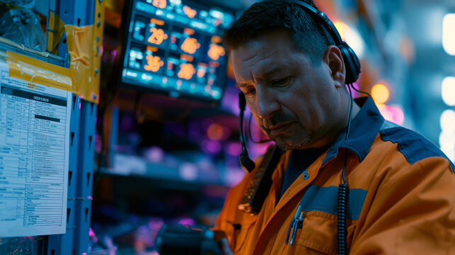 Dark store night manager auditing shelf replenishment accuracy using a voice-pick headset and a handheld scanner, order error report printed and taped to a shelving unit, cold aisle temperatures vis