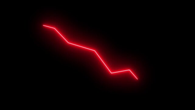 Animated red neon financial chart declining downward on black background, representing economic recession, market crash, business loss, negative growth, stock market downturn, and financial crisis