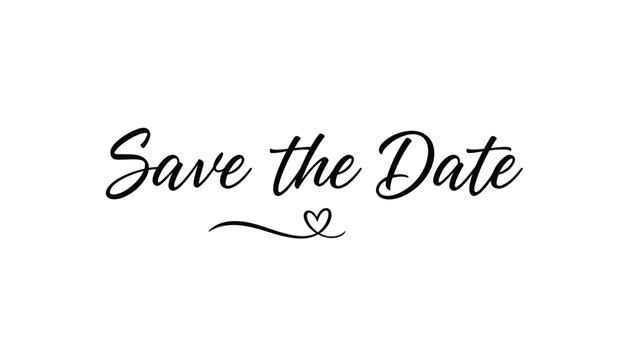 Ornate elegant save the date black handwritten text with a small heart line flourish on a white background.