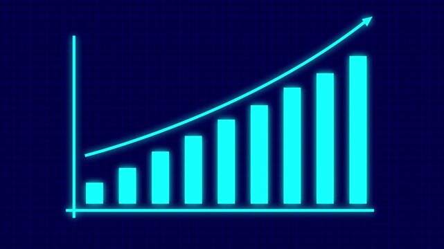 Dynamic neon blue bar chart animation featuring a rising financial growth trend line on a dark digital grid background, corporate business presentations, economic data analysis, and marketing