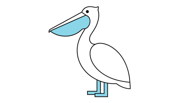 Simple vector illustration of a pelican with a large blue beak and feet standing isolated on a clean white background.