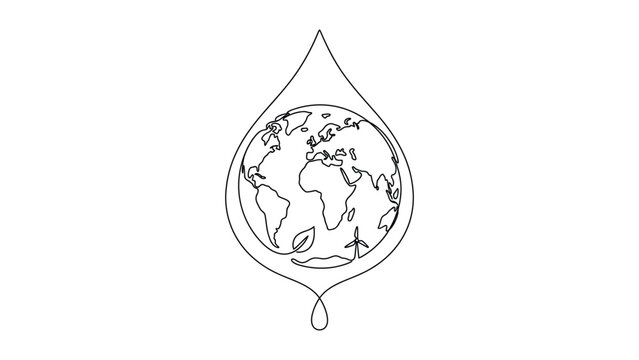 Continuous one line drawing of a globe inside a water drop