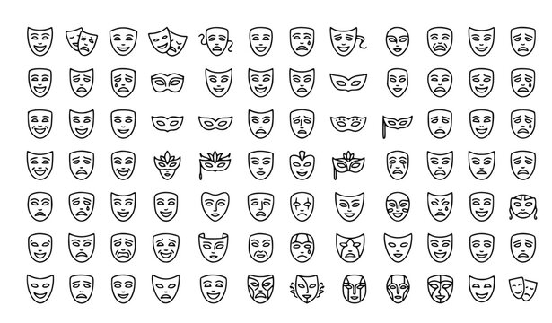 Theater Mask Icon Set Comedy Tragedy Drama Editable Stroke Vector Collection