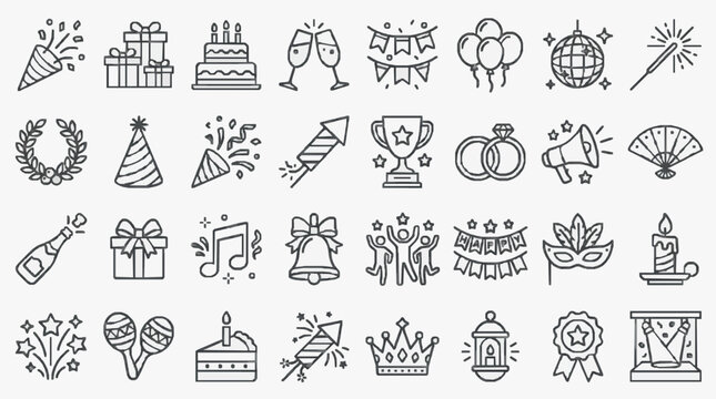 Modern Black and White Line Art Icons Set Featuring Celebration Party Award and Holiday Symbols for Design Projects