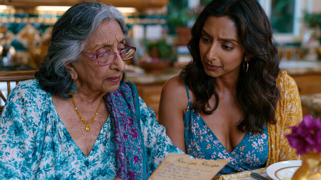 Intergenerational interaction between South Asian mother and adult daughter at kitchen table where old recipe card becomes the site of a conversation about who they each are when the inherited expec