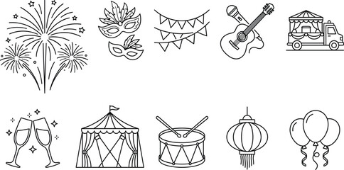 Festival and carnival celebration icon set with fireworks circus tent drum balloons line art vector elements © AKTAR