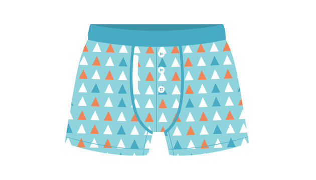 Stylish blue mens boxer briefs with colorful geometric triangle pattern on white background flat vector illustration.