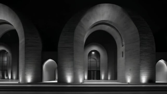 Architectural concrete arches with dramatic interior lighting.