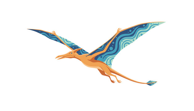 Majestic prehistoric pterodactyl dinosaur flying gracefully with beautifully patterned blue wings on a white background.