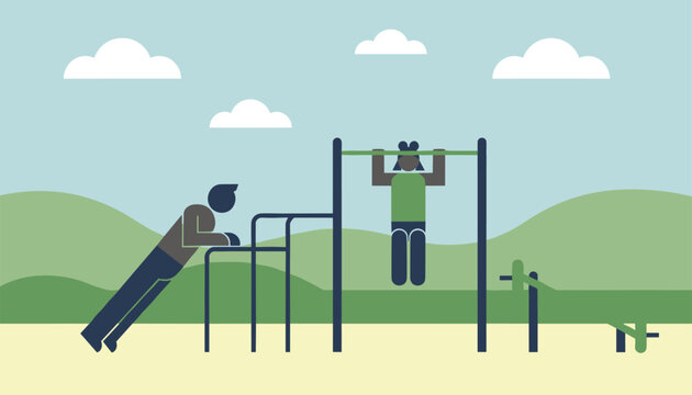 People exercising on pull-up bars and push-up stations in a public outdoor gym surrounded by green hills.