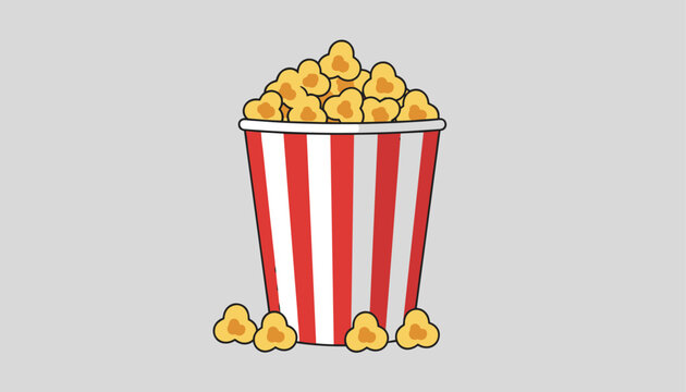 Classic striped bucket overflowing with delicious yellow popcorn kernels on a solid gray background.