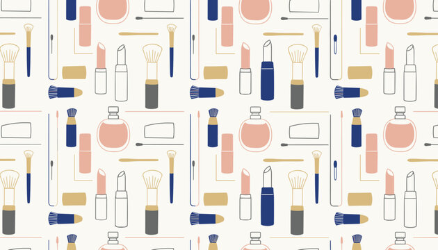 Seamless pattern background filled with various makeup cosmetics including lipsticks, brushes, and perfume.