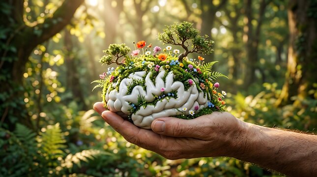 Human hand holding a blooming brain. Mental health concept with flowers in a forest.