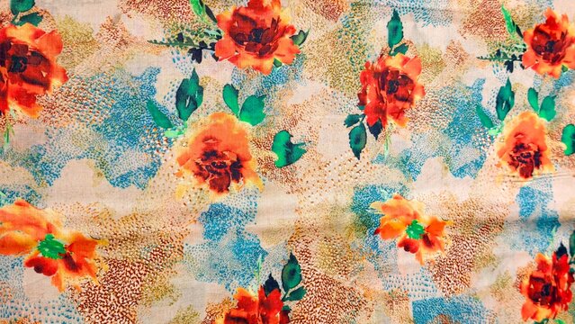 Floral fabric pattern with orange roses. Vintage textile design with botanical print.