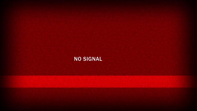 Distressed analog television screen featuring a deep red no signal warning message with heavy digital noise grain and glitchy retro broadcast interference effects for cinematic motion backgrounds