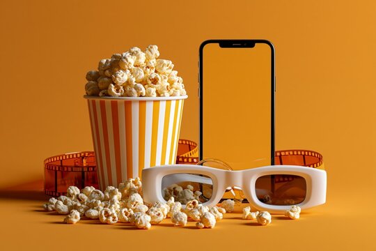 Smartphone with 3d glasses and popcorn against orange cinema-themed background